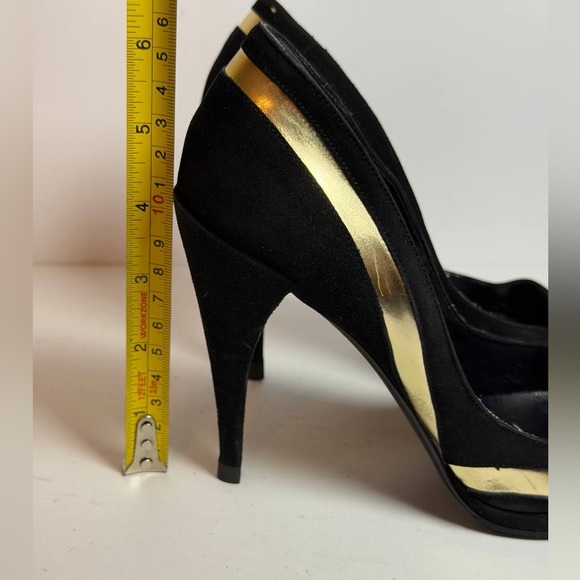 Gucci Black Suede Heels w Gold Metallic Inlay Size 36 - Picture 11 of 13